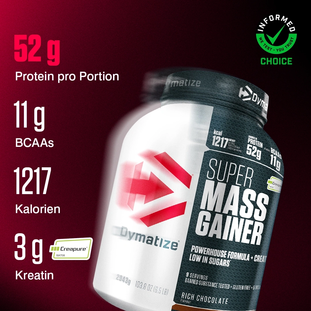 Eine Dose Dymatize Super Mass Gainer mit Nährwertangaben.