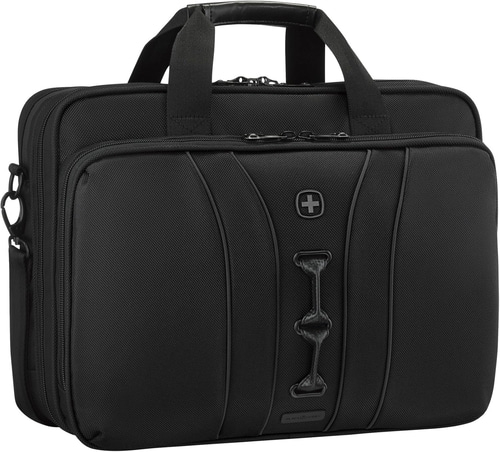 Schwarze Aktentasche mit Griffen und Schweizer Kreuz-Logo. Business-Tasche.