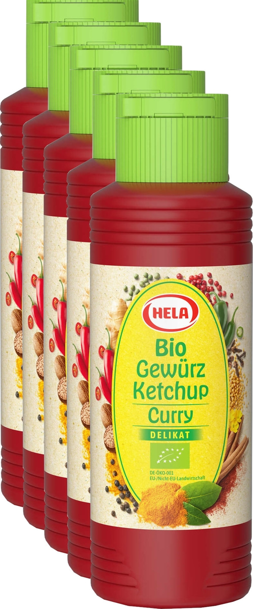 5 x Hela Bio Ketchup Curry delikat Gewürzketchup 300 ml Flasche Ketchupflasche