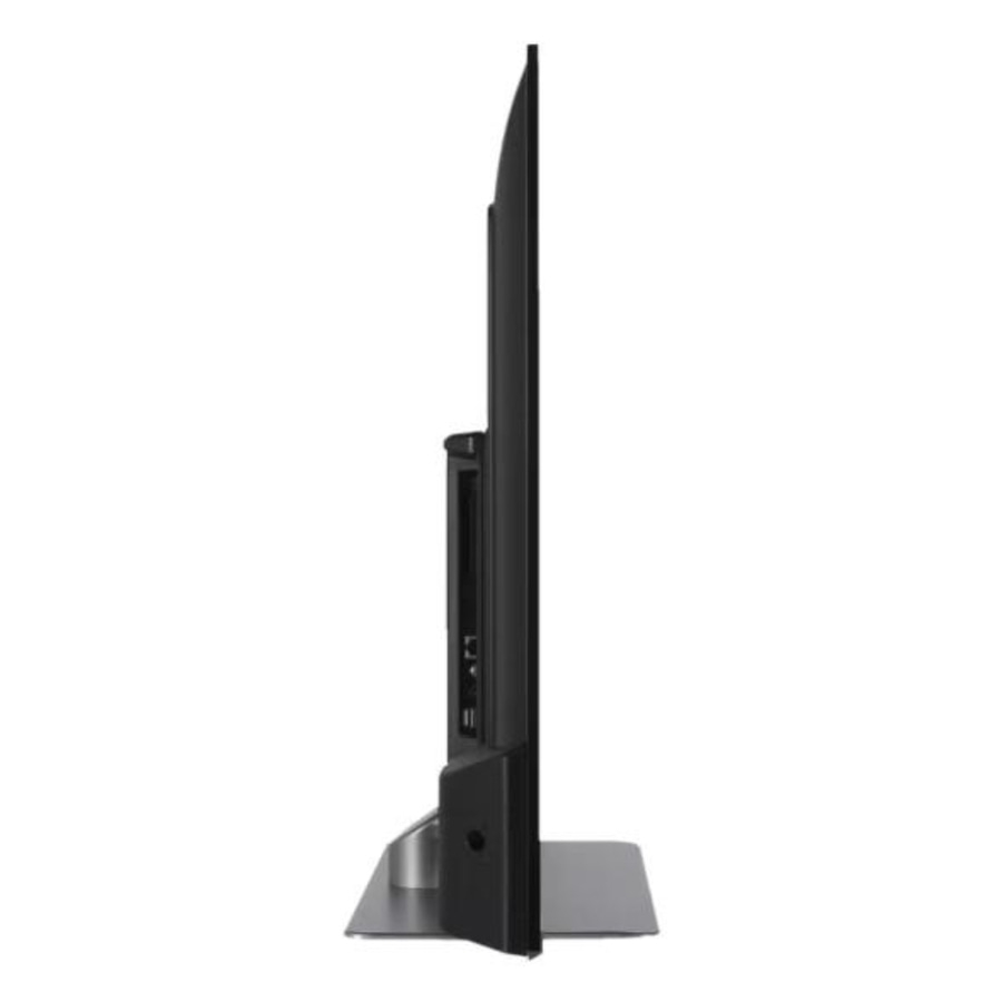 Schwarzer Fernseher, Seitenansicht, schlankes Design, mit Standfuß, modernes Gerät