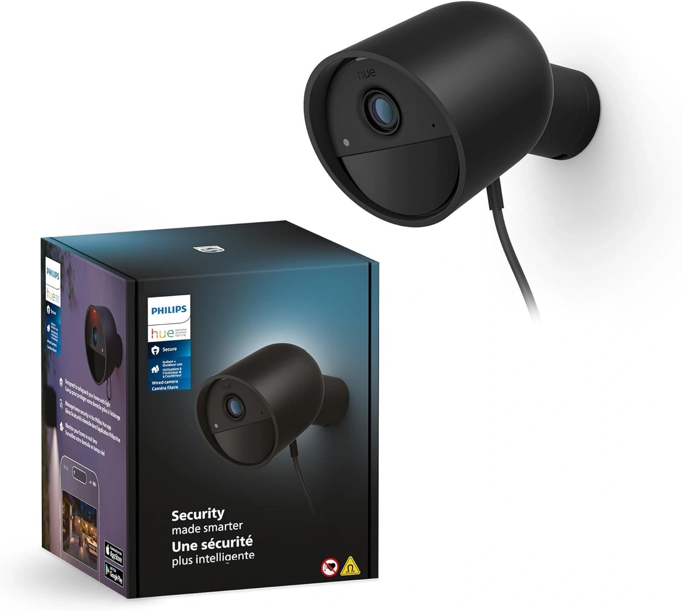 Eine Philips Hue Sicherheitskamera mit Verpackung und Montageanleitung.