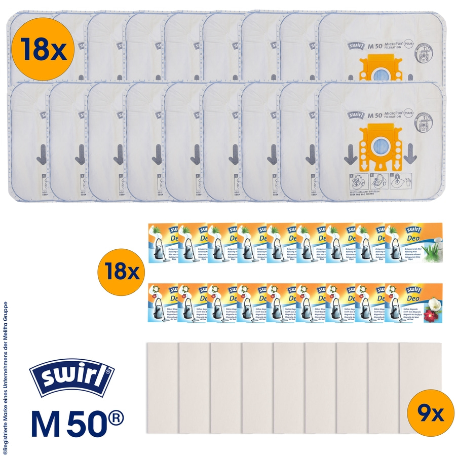 Staubsaugerbeutel-Set mit 18 Beuteln, 18 Deo-Pads und 9 Filterplatten.