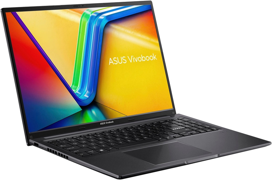 ASUS Vivobook Laptop, schwarz, Tastatur, Bildschirm, gelber Hintergrund, Computer, Technologie, Arbeit