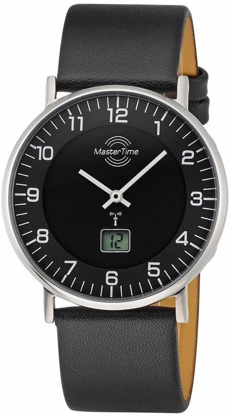 Eine schwarze Armbanduhr mit silbernem Zifferblatt und Lederband.