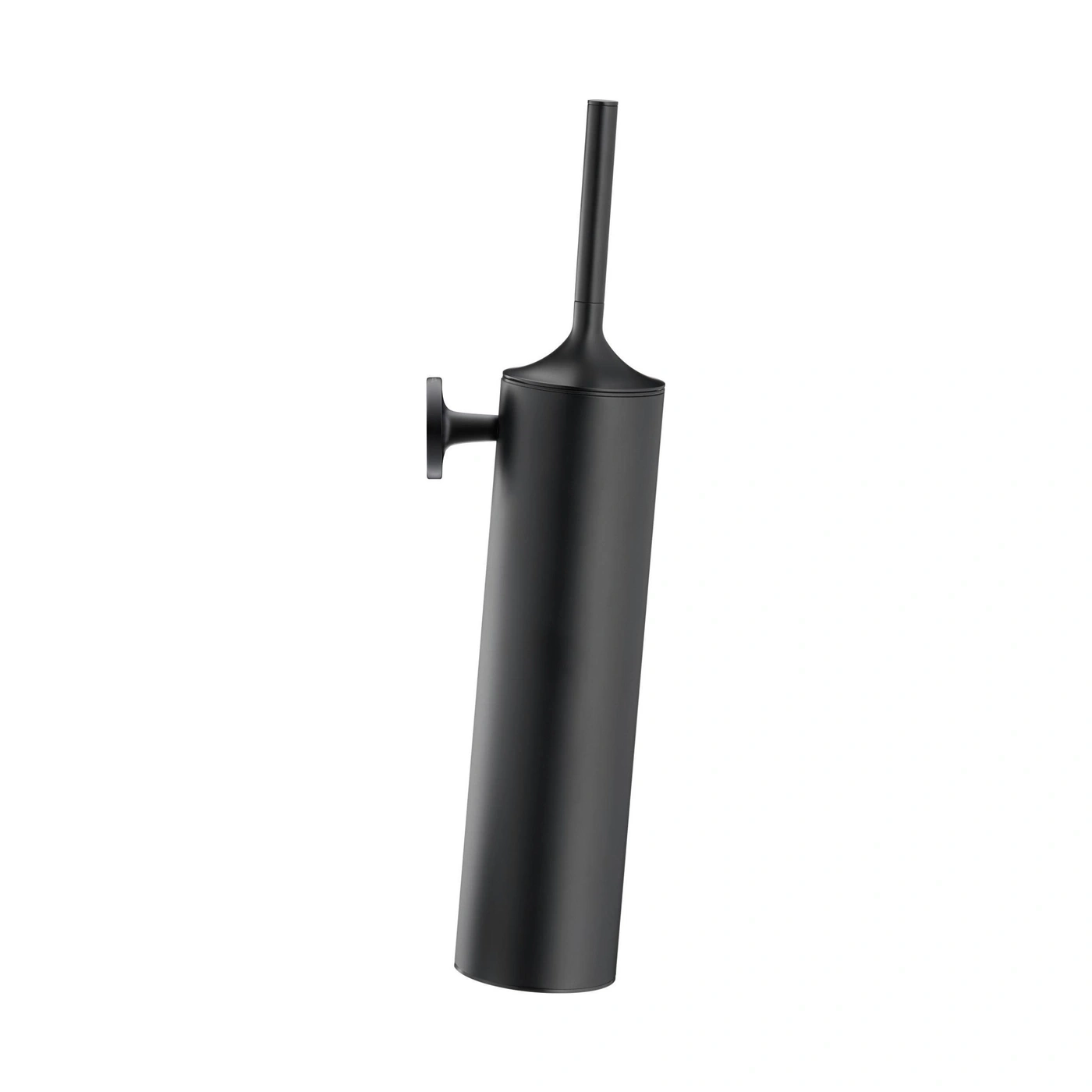 Schwarze Toilettenbürste mit Halterung, isoliert auf weißem Hintergrund, modernes Design