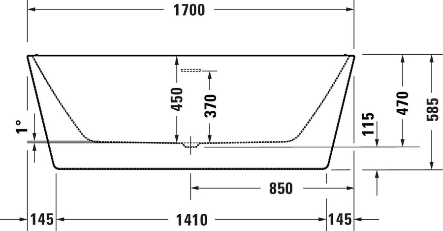 Badewanne mit Maßen: 1700, 1410, 850, 450, 470, 585, 145, 115, 370.