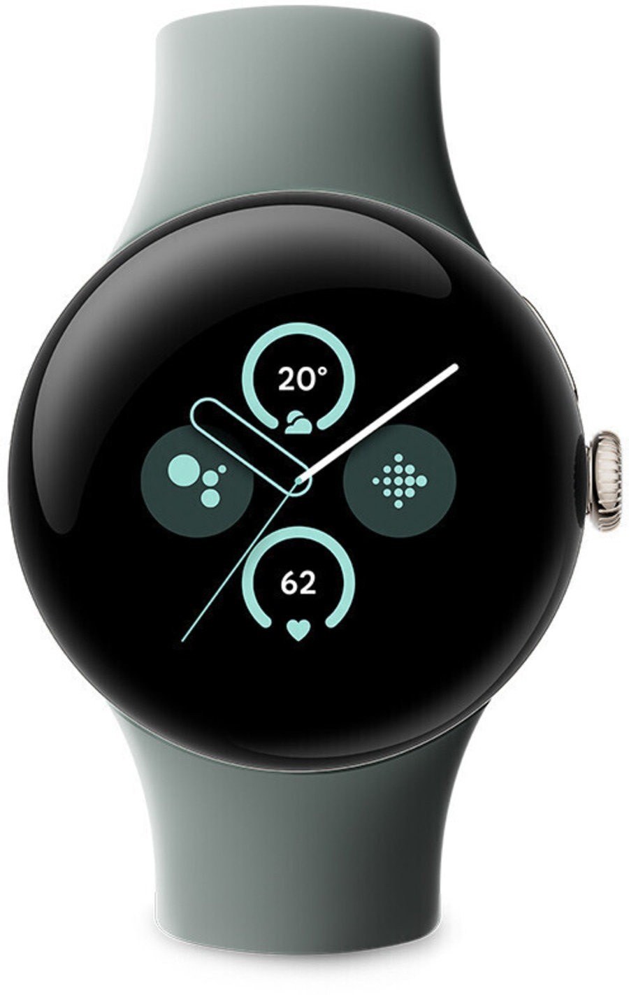 Google Pixel Smartwatch mit grünem Armband und runden Display, zeigt Wetter und Herzfrequenz
