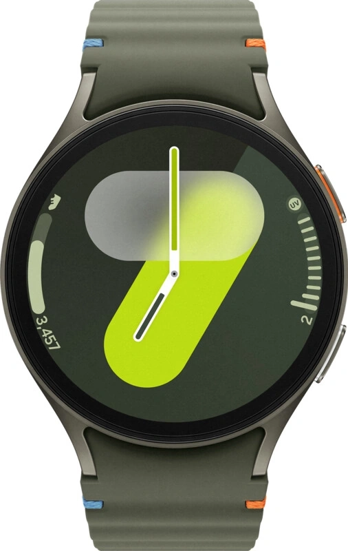 Eine grüne Smartwatch mit einem großen, leuchtend gelben Zifferblatt und verschiedenen Anzeigen.
