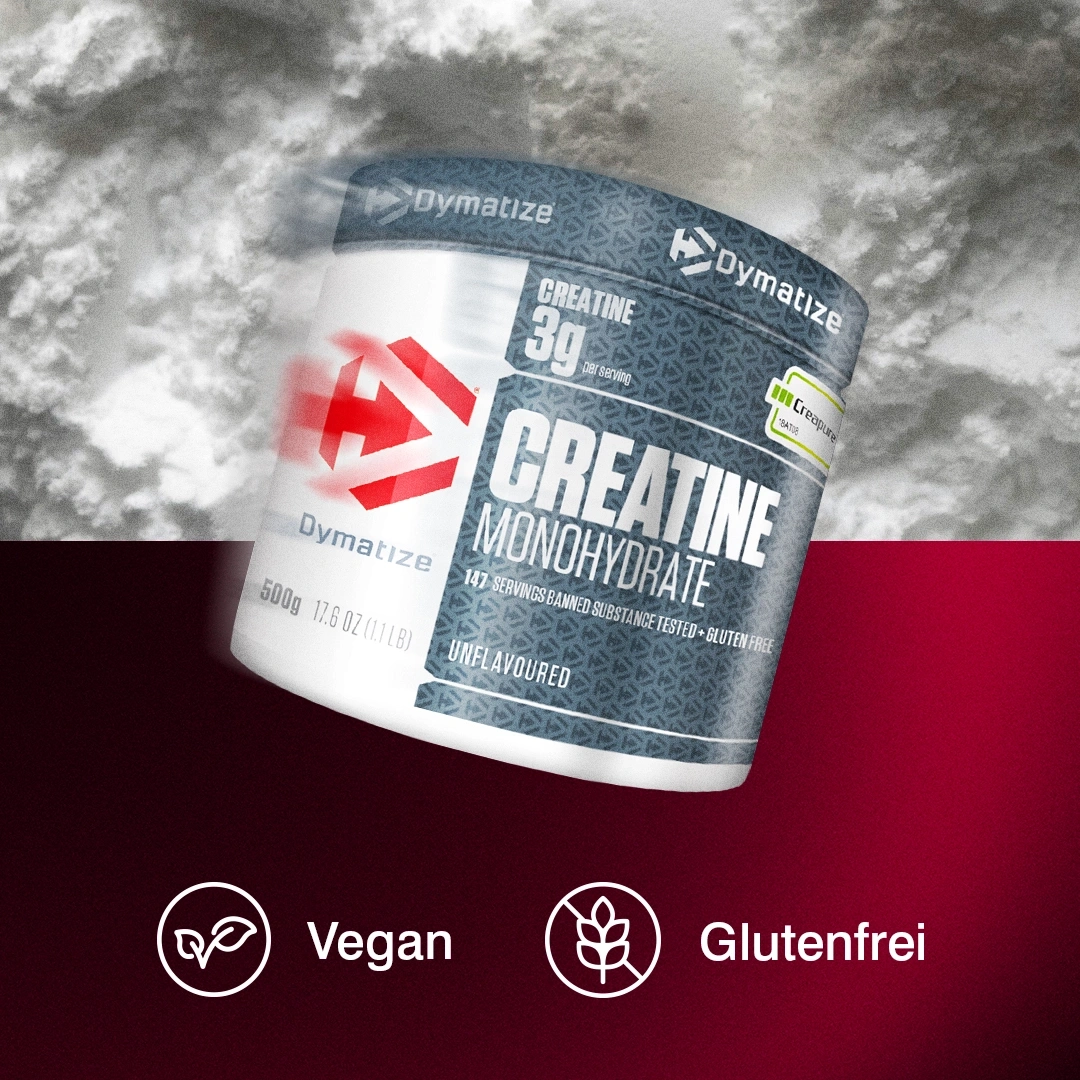Dymatize Creatine Monohydrate Dose mit vegan und glutenfrei Siegeln