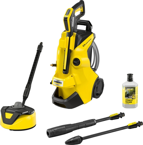 Kärcher K4 Power Control Hochdruckreiniger mit Zubehör und Reiniger für Stein und Fassade.