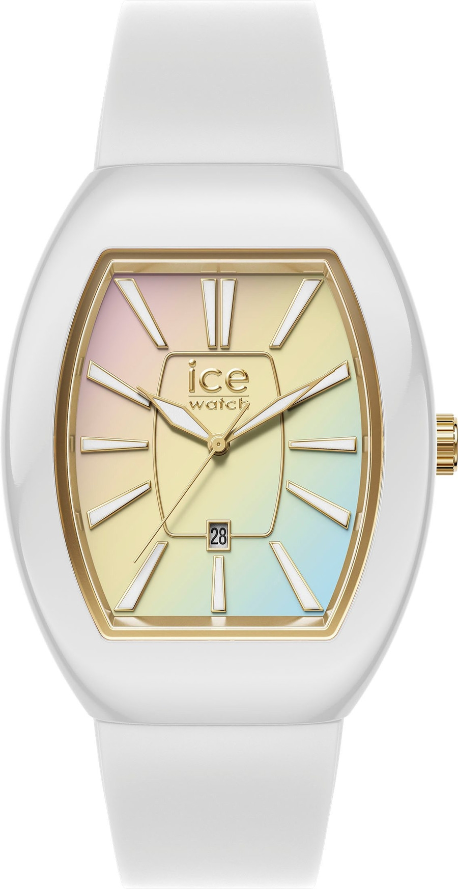 Eine weiße ICE WATCH Armbanduhr mit einem bunten Zifferblatt und einem Datum.