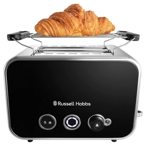 Schwarzer Toaster mit Croissant. Marke Russell Hobbs. Mit Auftaufunktion und Bräunungsregler.