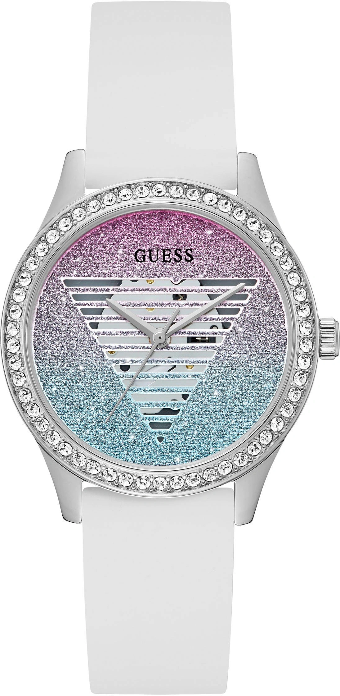 Eine Damenuhr von Guess mit Glitzerzifferblatt und Strasssteinen.