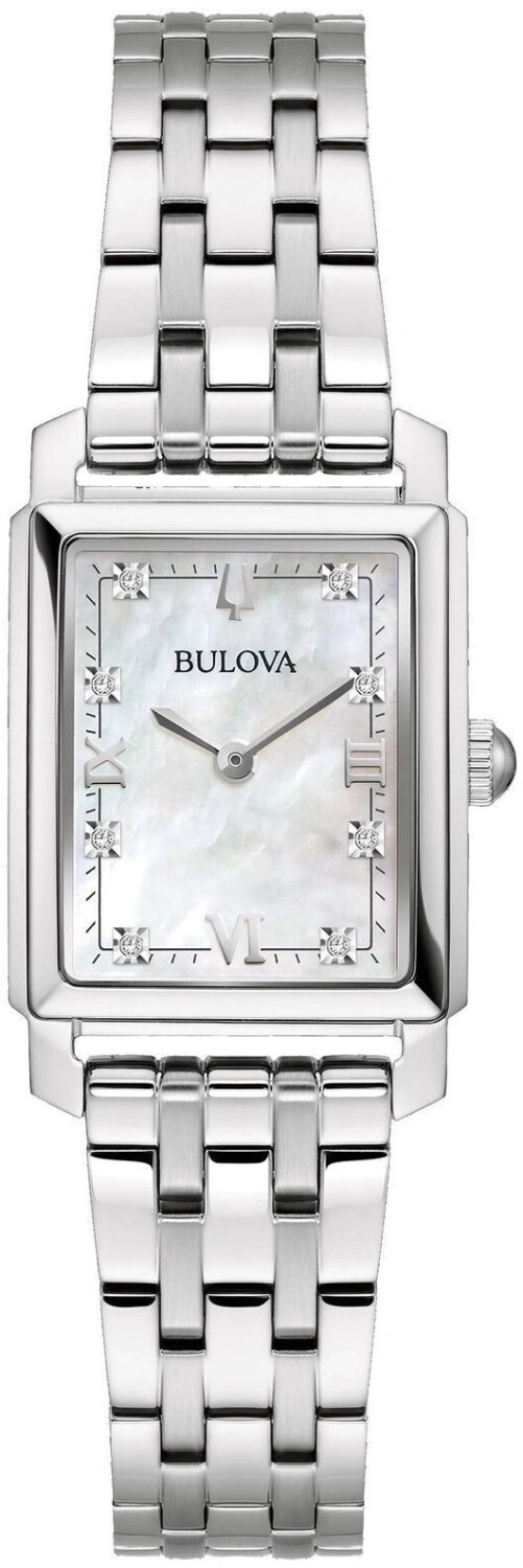 Silberne Bulova-Uhr mit rechteckigem Zifferblatt und römischen Ziffern, Diamanten.