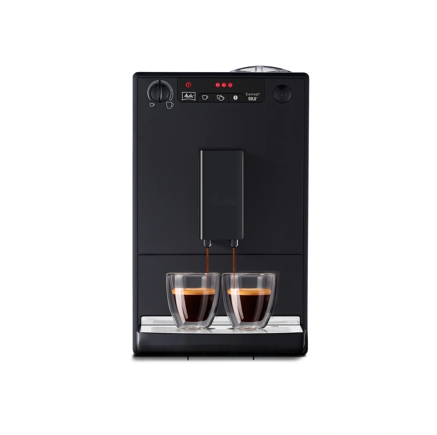 Schwarze Kaffeemaschine mit zwei Tassen, die Kaffee ausgibt, Melitta Caffeo Solo