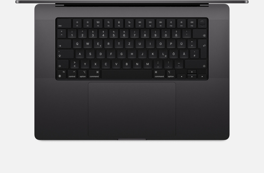 Schwarzes MacBook-Tastatur-Layout mit Buchstaben, Symbolen und Funktionstasten.