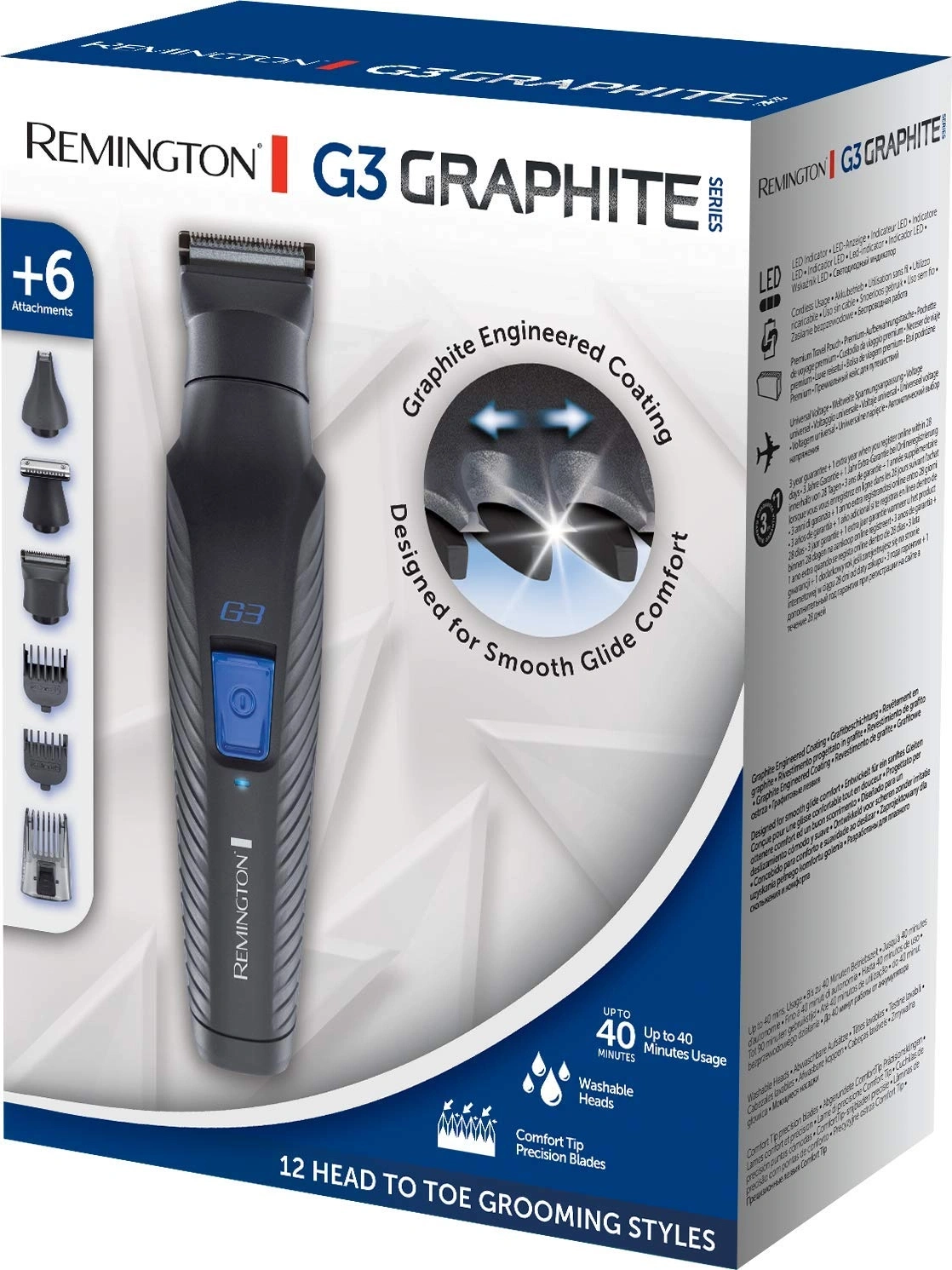 Remington G3 Graphite Trimmer, 6 Aufsätze, 40 Minuten Laufzeit, Präzisionsklingen, 12 Styling-Optionen
