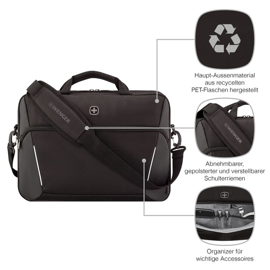 Schwarze Wenger-Tasche mit recyceltem Material, Schulterriemen und Organizer für Zubehör.