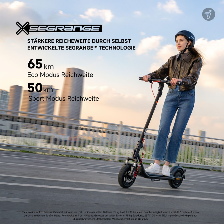 E-Scooter mit Reichweitenangaben: 65 km im Eco-Modus, 50 km im Sport-Modus. Segrange Technologie.