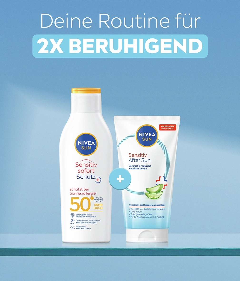 Nivea Sonne Sonnenschutzmittel und After Sun Gel Tube auf blauem Hintergrund