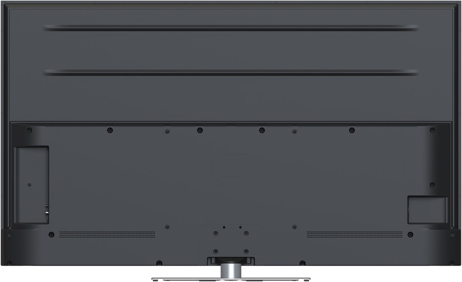 Rückseite eines Fernsehers mit Anschlüssen und Schrauben. Graue Oberfläche.