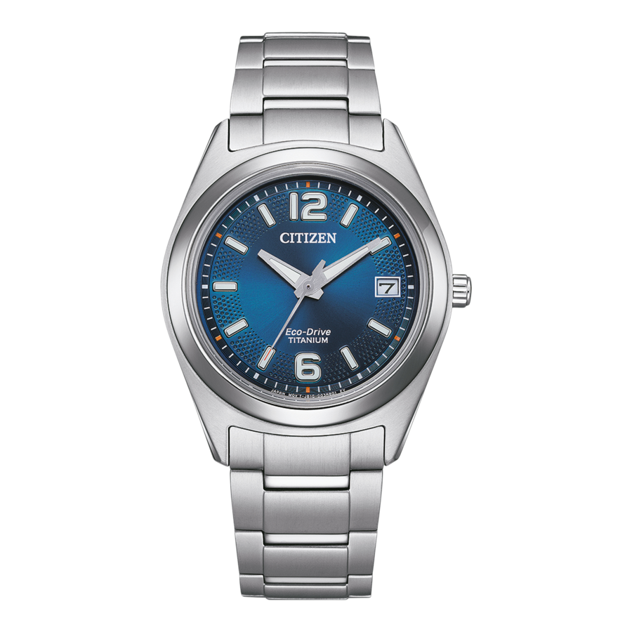 Citizen-Uhr mit blauem Zifferblatt und silbernem Armband, Eco-Drive-Technologie.