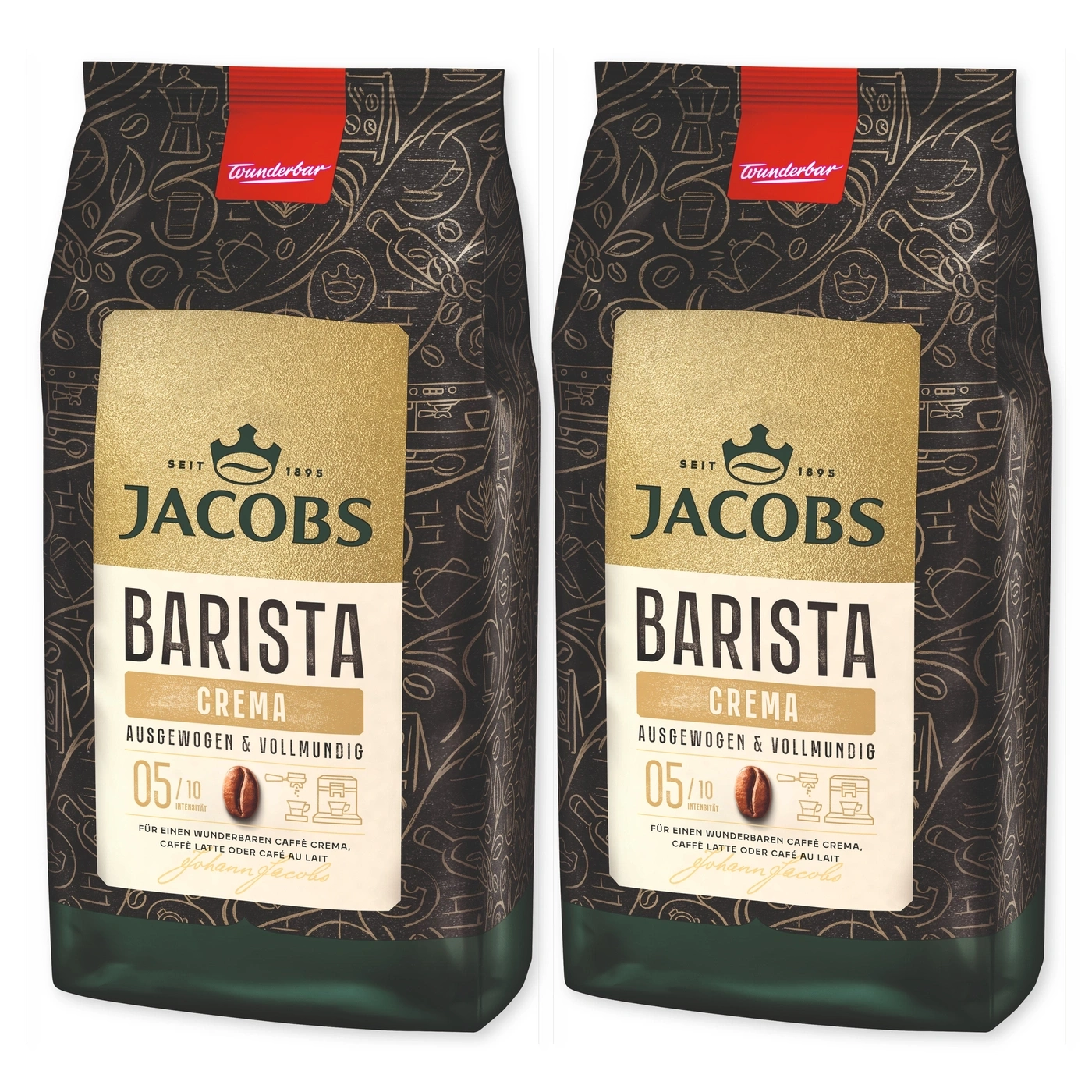 Zwei Packungen Jacobs Barista Crema Kaffee mit goldenem Etikett und schwarzem Muster.