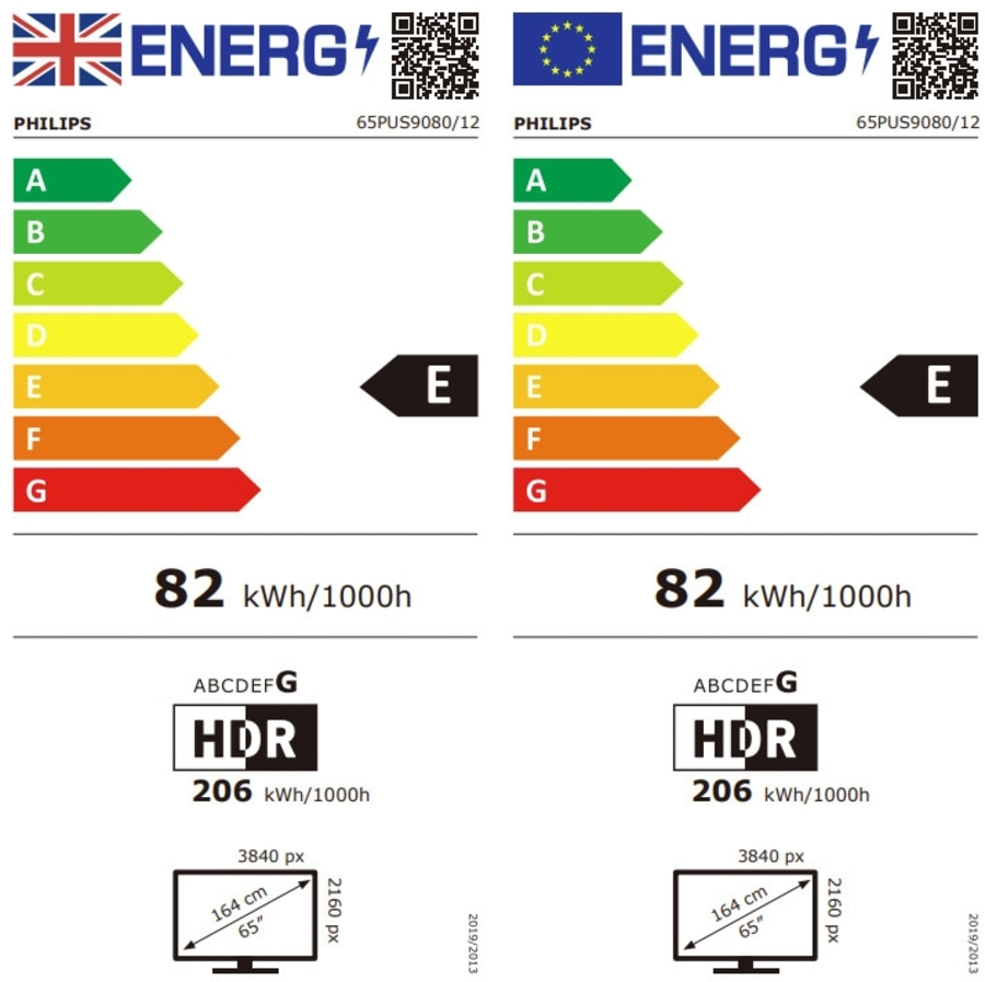 Energieetikett für Fernseher von Philips, 82 kWh/1000h, HDR, 206 kWh/1000h, 65 Zoll.