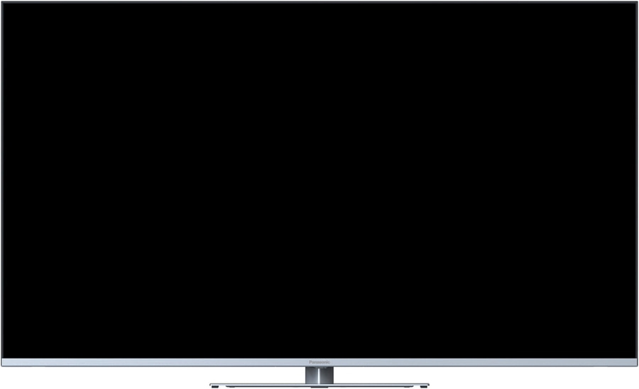 Fernseher mit schwarzem Bildschirm und silbernem Rahmen, Panasonic-Logo.