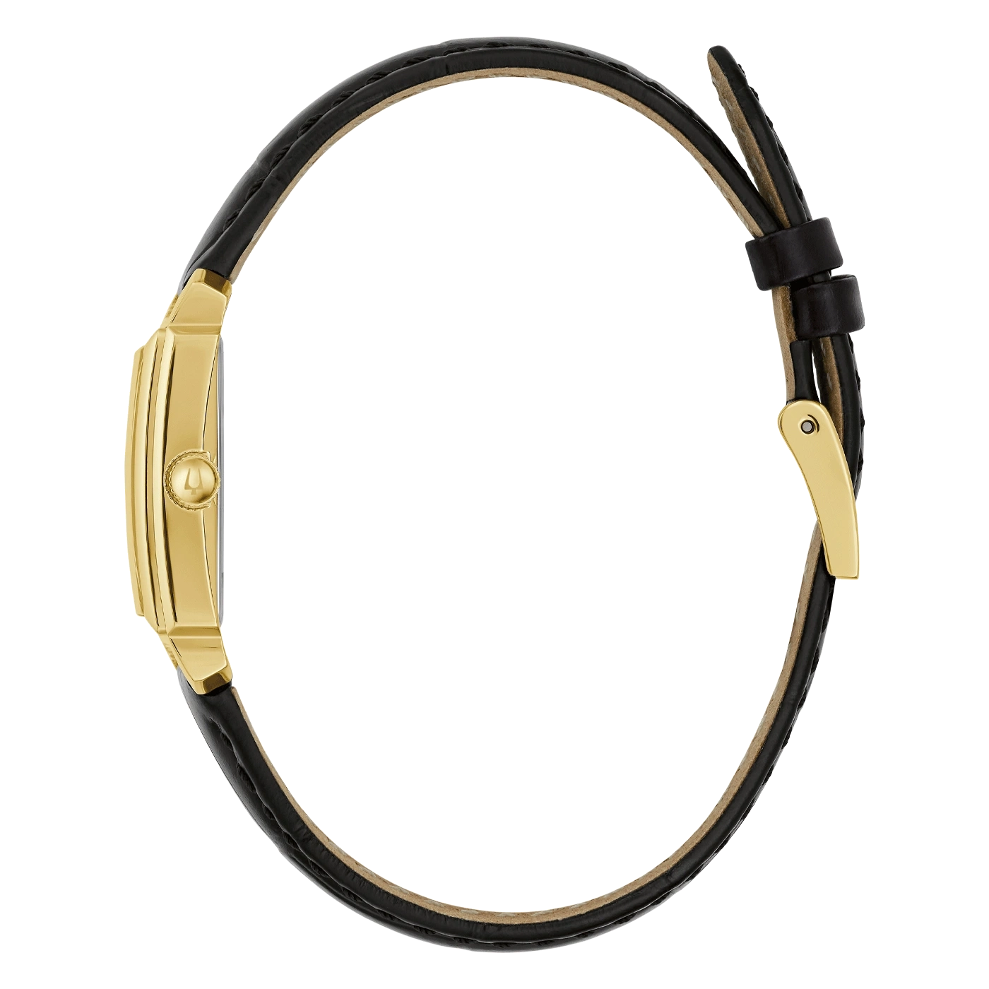 Goldene Uhr mit schwarzem Lederarmband, Seitenansicht, elegantes Design, Accessoire