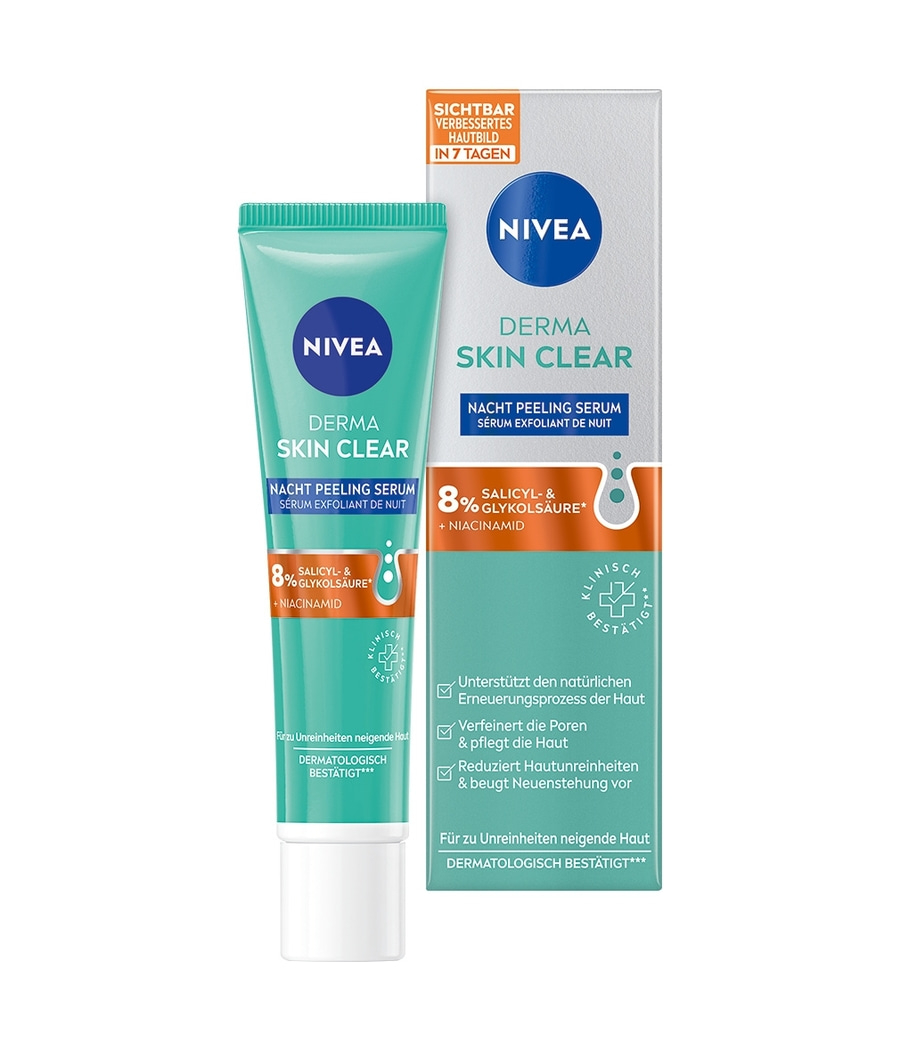 Nivea Derma Skin Clear Nacht Peeling Serum, verbessert Hautbild in 7 Tagen