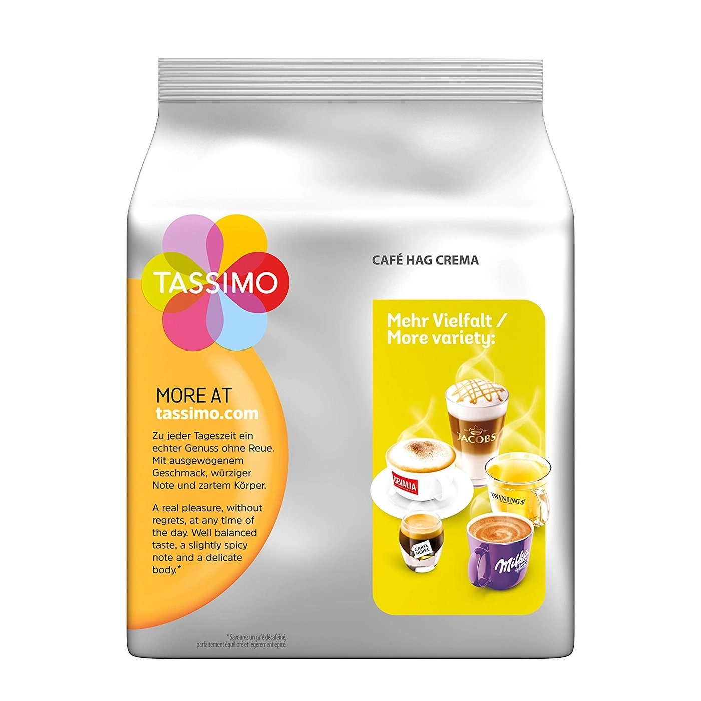 Tassimo Kaffeebeutel mit verschiedenen Getränken, Text und Logo.