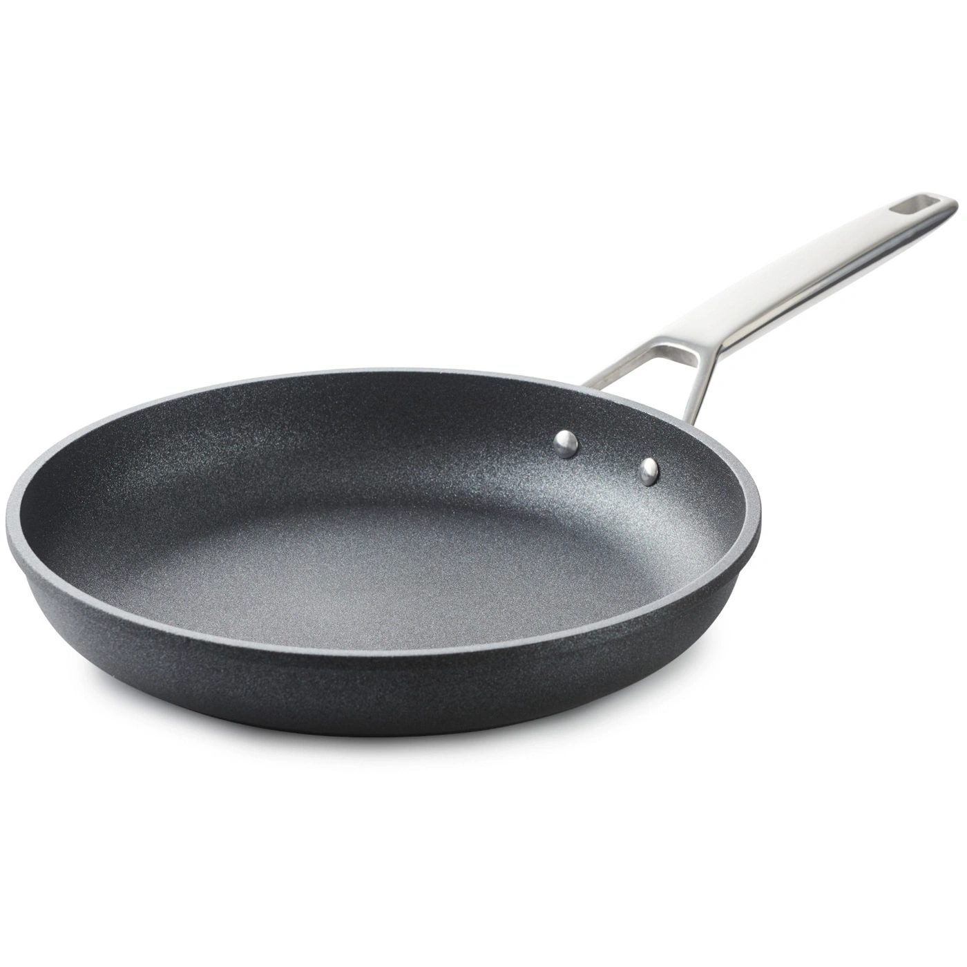 Pfanne mit langem Griff, Kochutensil, Küchengerät, Metall, grau, isoliert