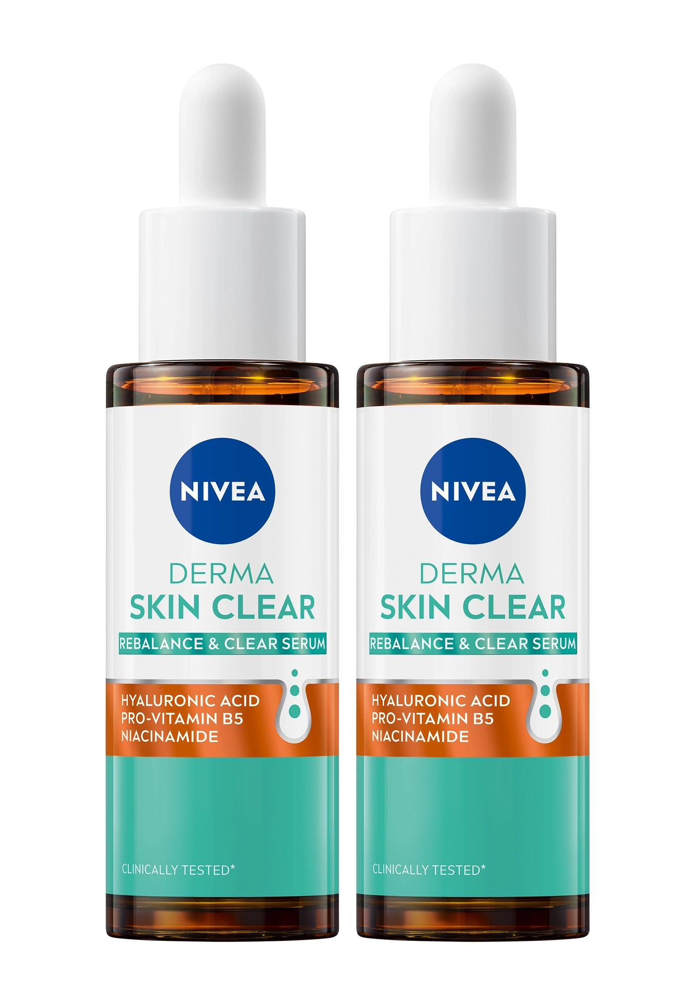 Zwei Flaschen Nivea Derma Skin Clear Serum. Hautpflege mit Hyaluronsäure, Pro-Vitamin B5 und Niacinamid.
