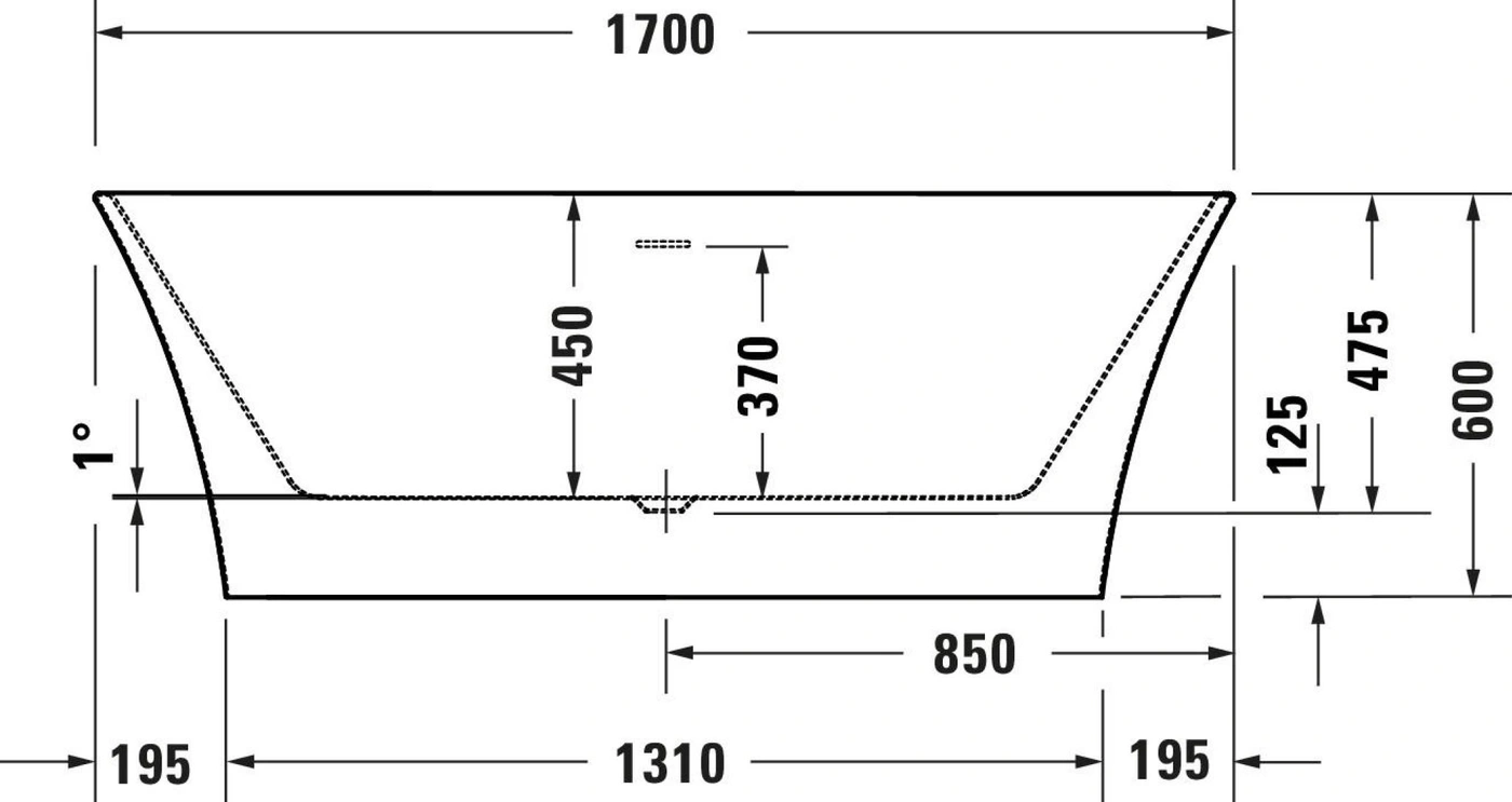 Badewanne mit Maßen: 1700, 1310, 850, 600, 475, 450, 370, 195, 125. Winkel 1 Grad.
