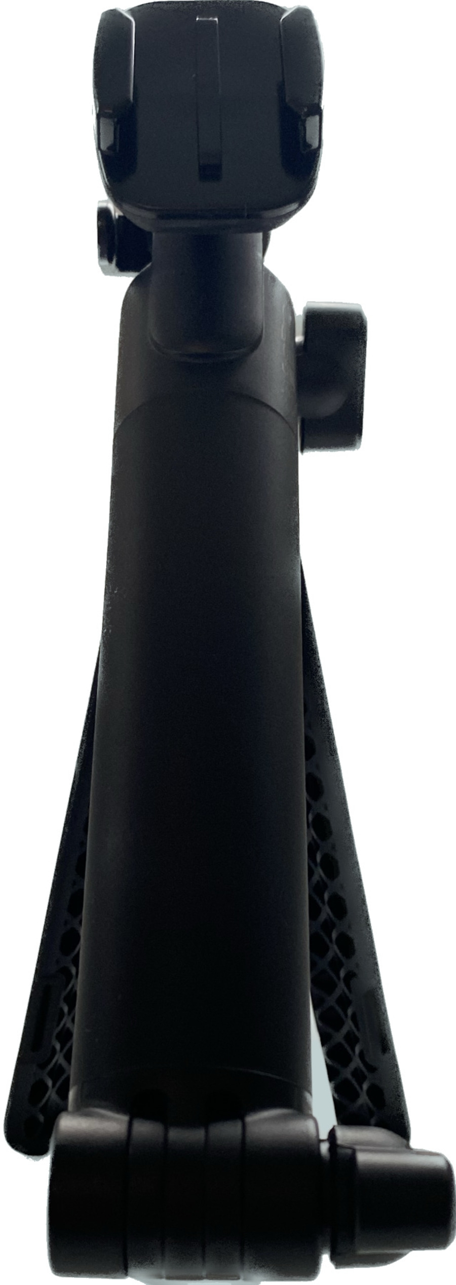 Schwarzes Stativ für Kamera, Nahaufnahme, isoliert auf weißem Hintergrund