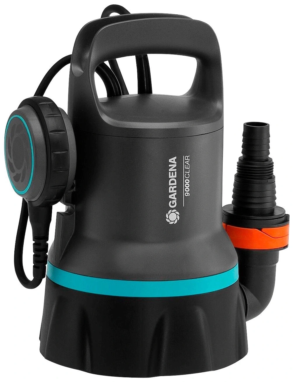 Eine schwarze Gardena 9000 Clear Pumpe mit blauem Streifen