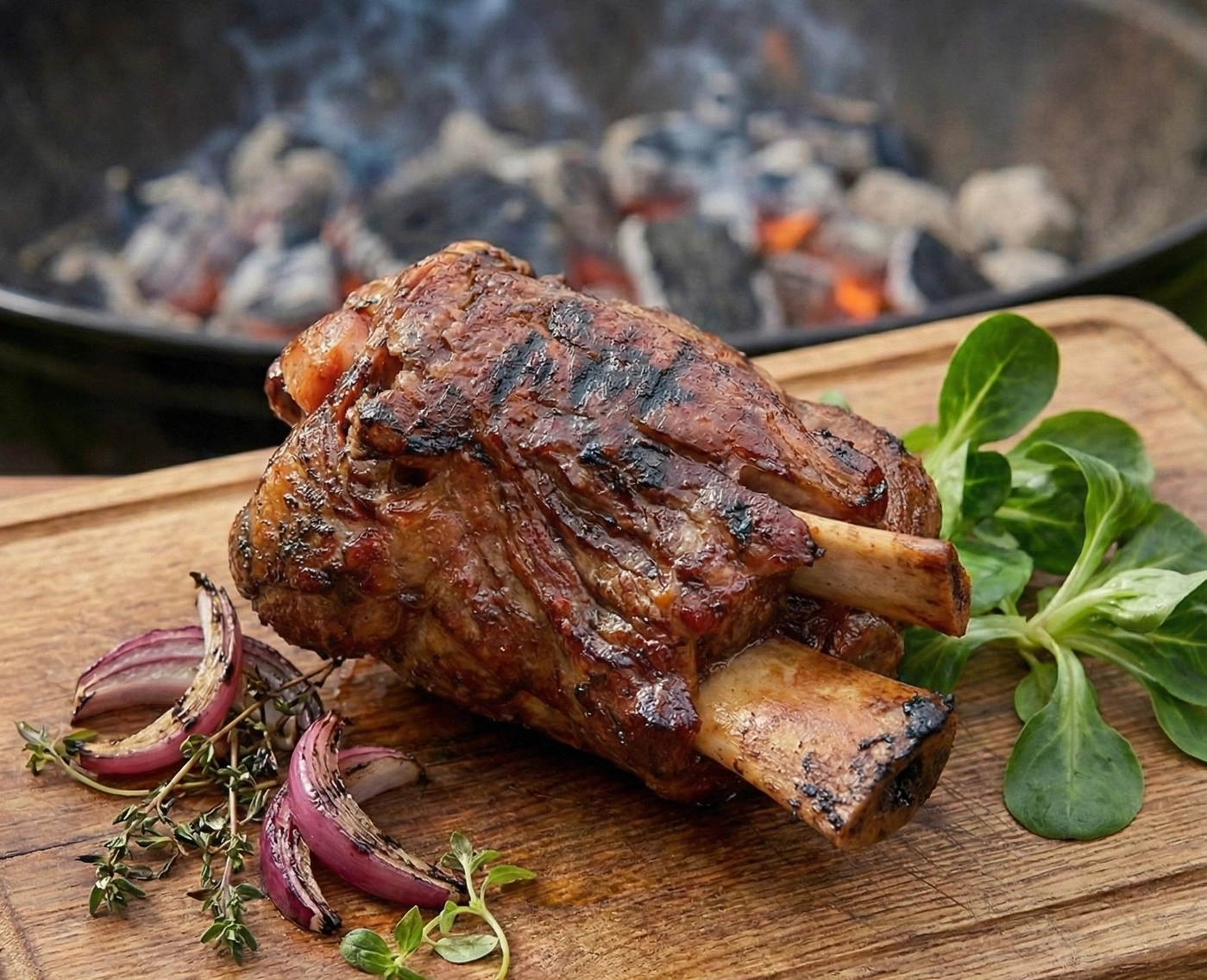 Gegrillter Schweinehals auf Holzbrett mit Zwiebeln und Salat