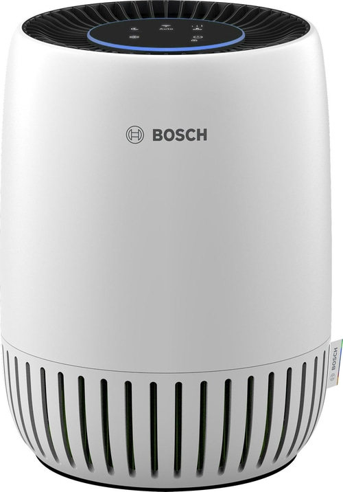 Weißer Bosch Luftreiniger mit blauem Bedienfeld und Lüftungsschlitzen unten.