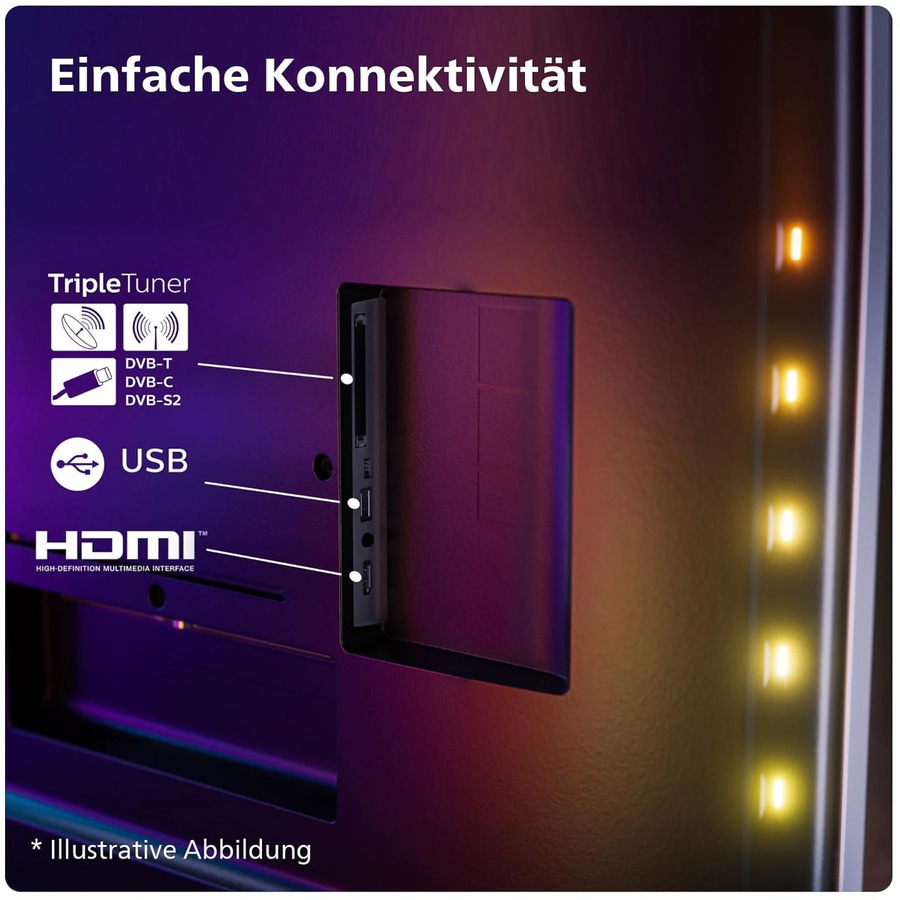 Fernseher mit Triple Tuner, USB und HDMI-Anschlüssen für einfache Konnektivität.