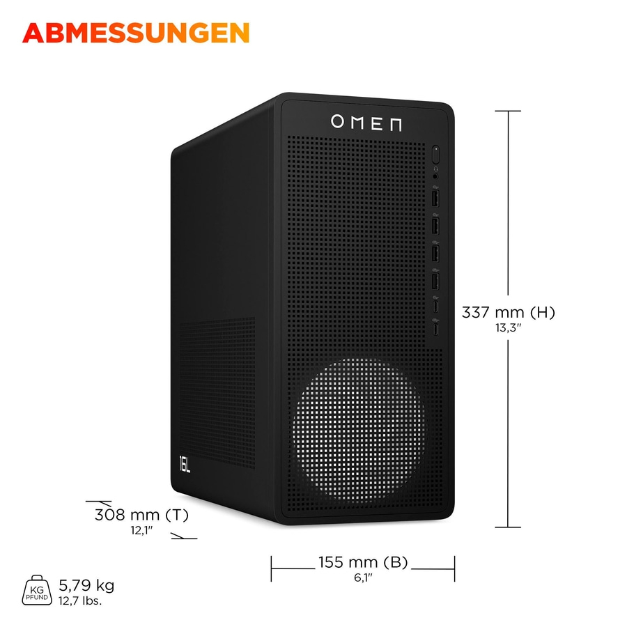 OMEN PC mit Abmessungen und Gewicht. Höhe 337 mm, Tiefe 308 mm, Breite 155 mm. Gewicht 5,79 kg.