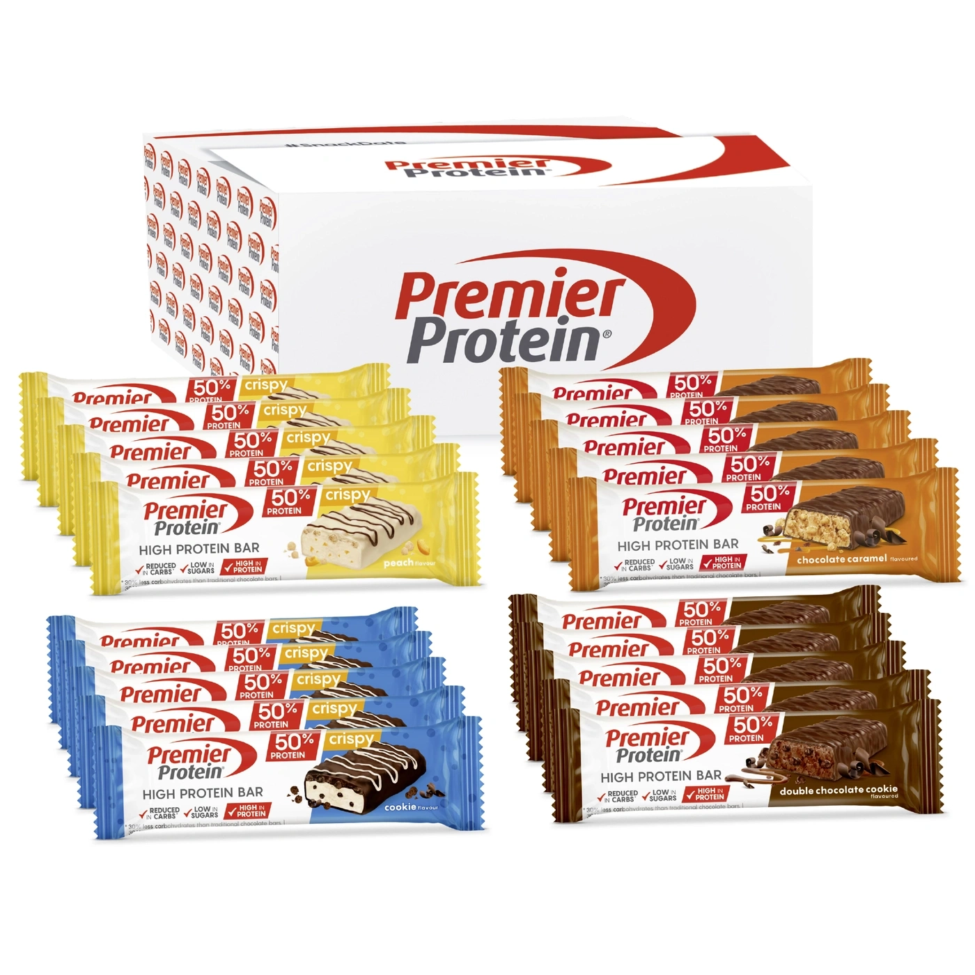 Premier Protein Riegel in Peach, Schokolade Karamell, Cookie & Double Chocolate Cookie