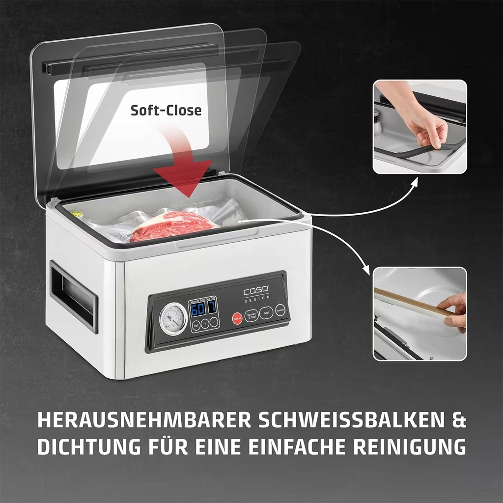 Ein Vakuumiergerät mit Soft-Close-Deckel und herausnehmbarem Schweißbalken.