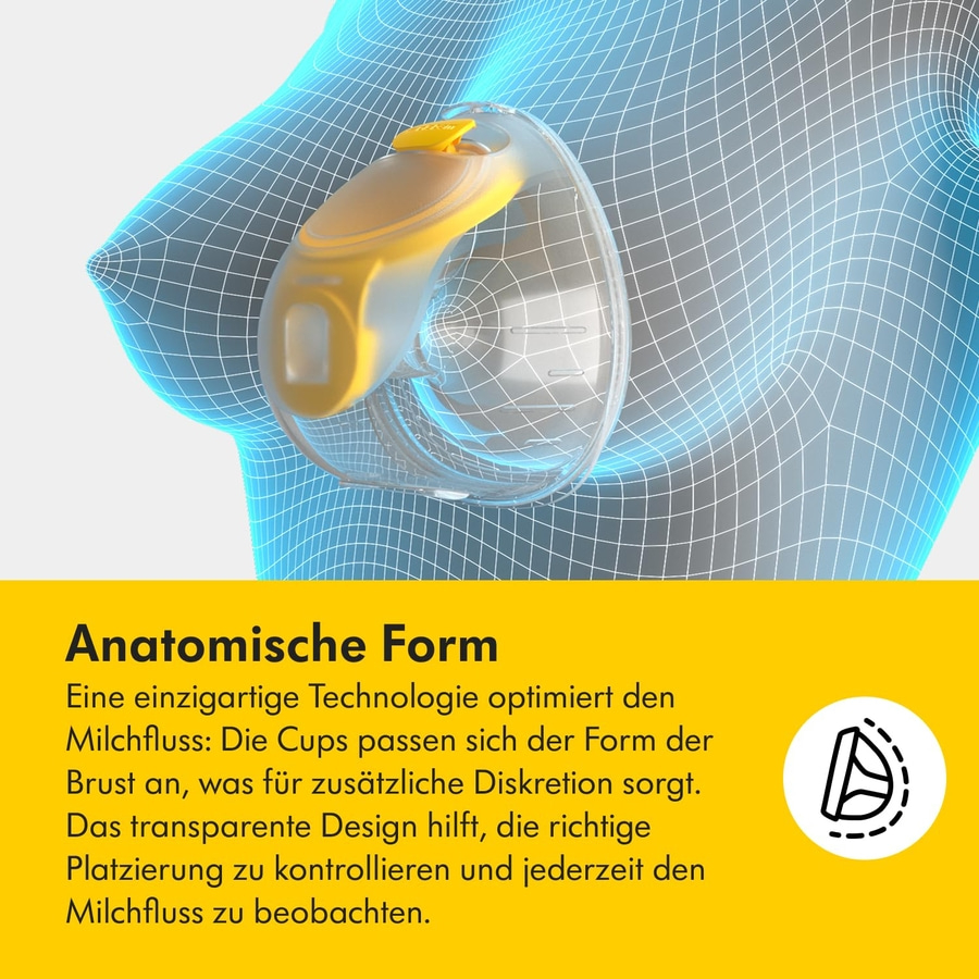Brustpumpe mit anatomischer Form, transparentem Design und Milchflusskontrolle.
