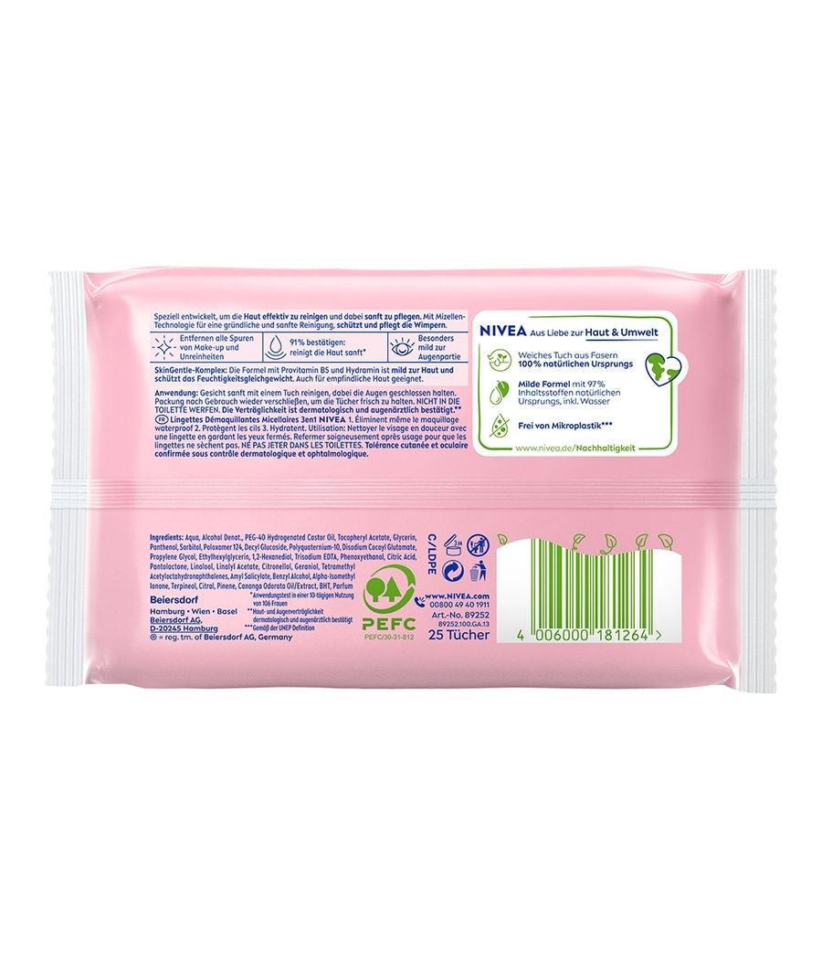 NIVEA Reinigungstücher, sanfte Reinigung, Hautpflege, Augenpartie, 25 Tücher, 100% natürliche Ursprungs