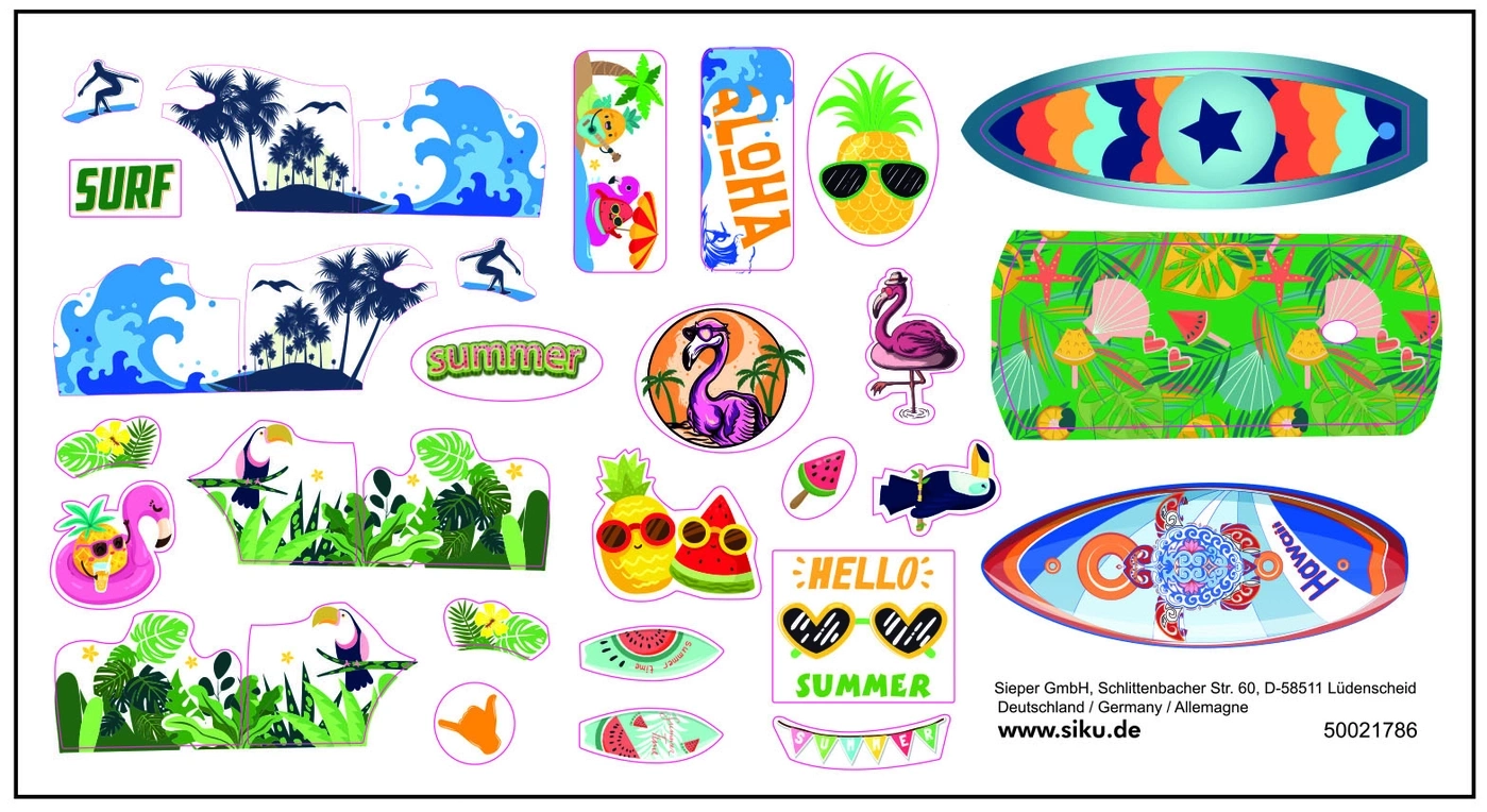 Sommerliche Aufkleber mit Surfbrettern, Flamingos und Ananas-Motiven für den Sommerurlaub.