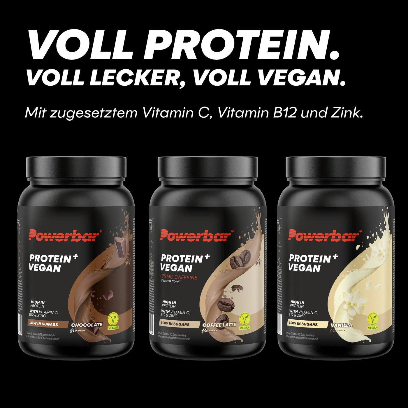 Powerbar Protein+ Vegan in drei Geschmacksrichtungen: Chocolate, Coffee Latte und Vanilla.