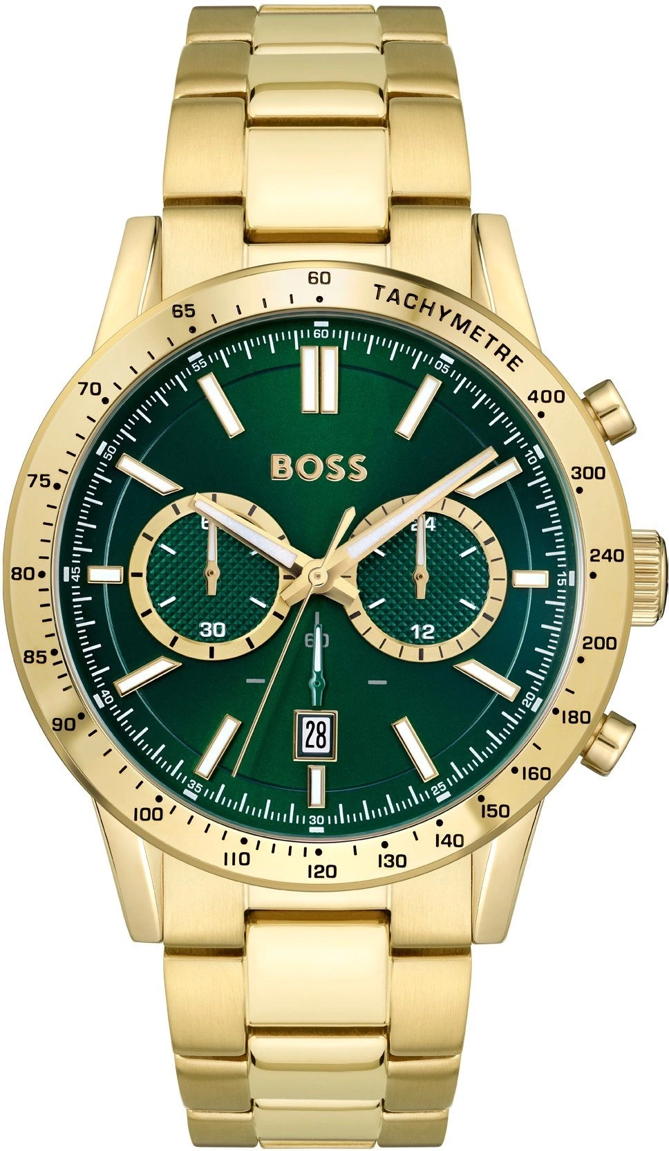 Goldene Herrenuhr mit grünem Zifferblatt und Chronograph