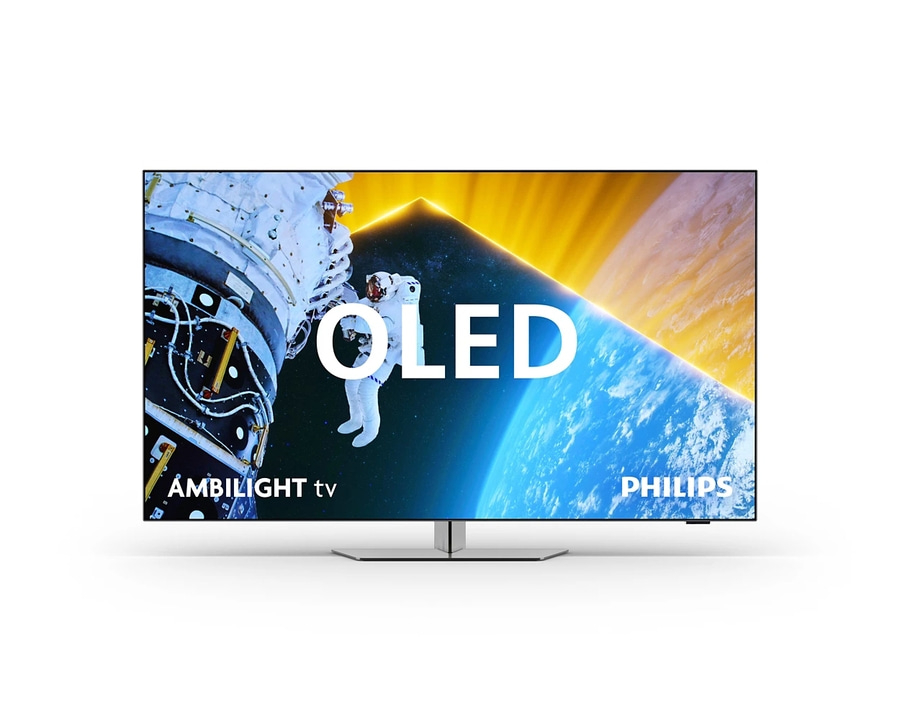 OLED-Fernseher mit Ambilight-Technologie und Weltraum-Hintergrund von Philips.