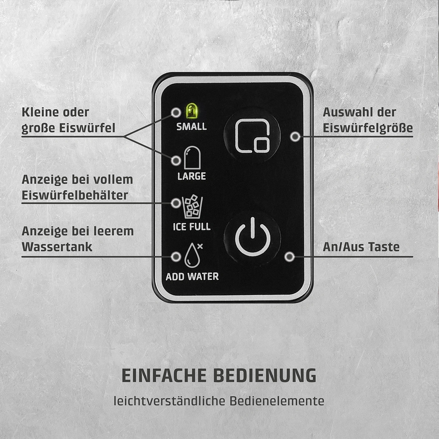Bedienfeld einer Eismaschine mit Anzeigen für Eiswürfelgröße, Eisbehälterfüllung und Wasserstand sowie Ein-/Aus-Taste.